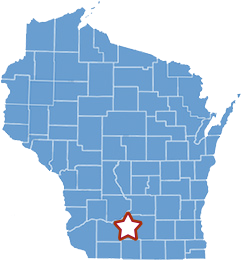 Map of Wisconsin, highlight Blue Mounds and Dane County